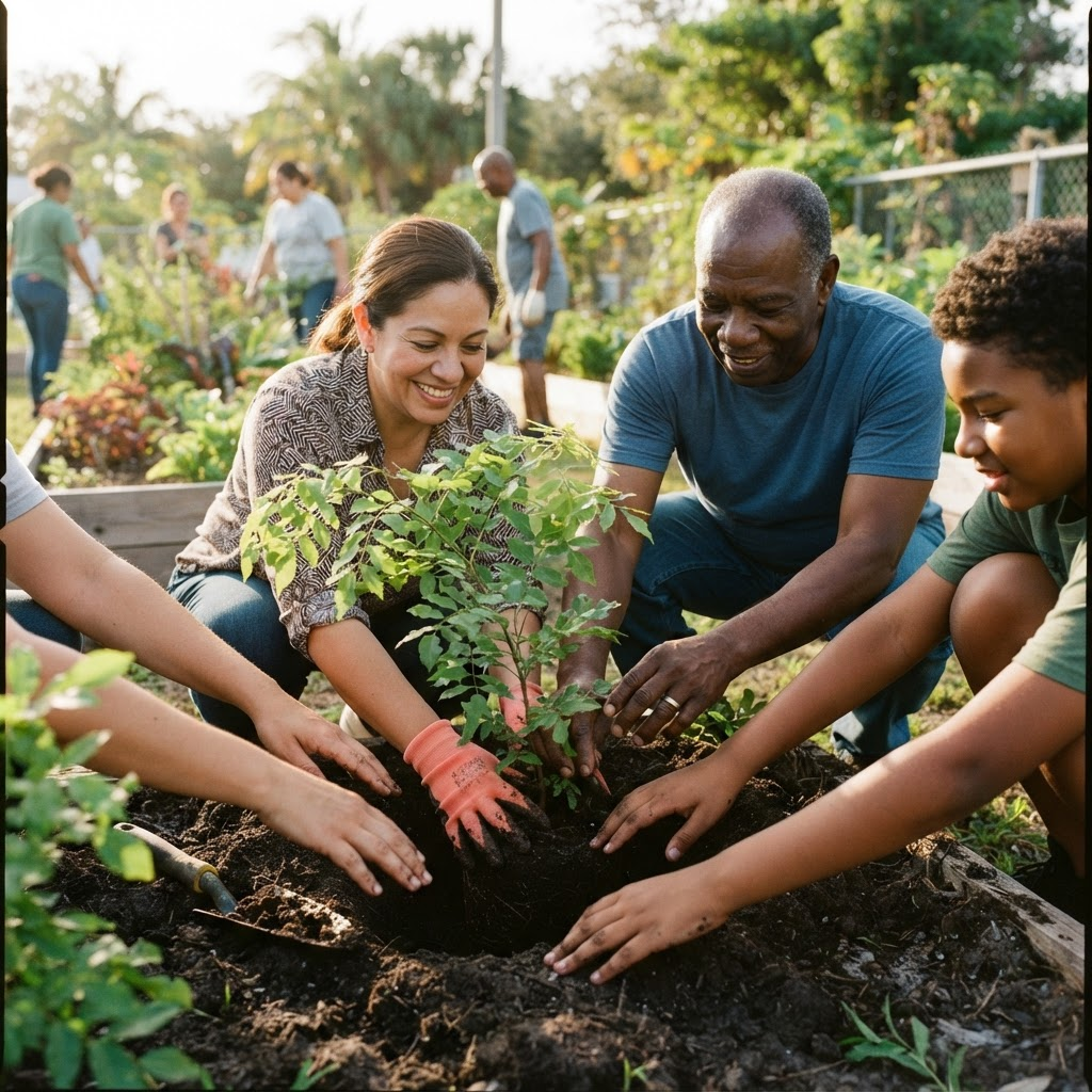 Community volunteers planting a young tree together
